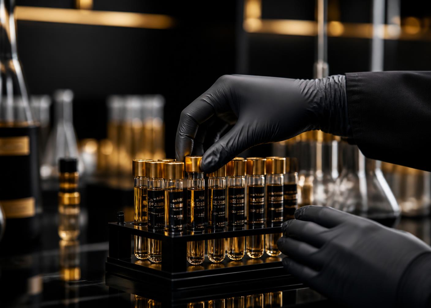 Gloved hands inspecting a rack of research vials