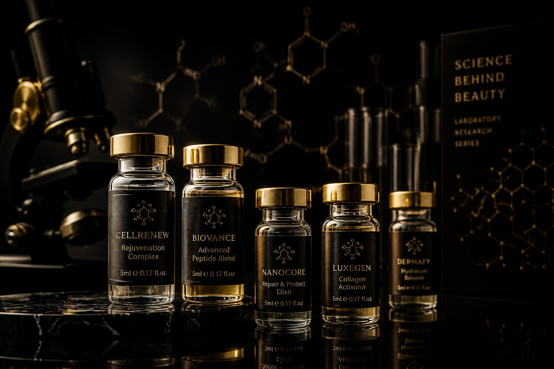 Research vials and molecular structures in a dark laboratory